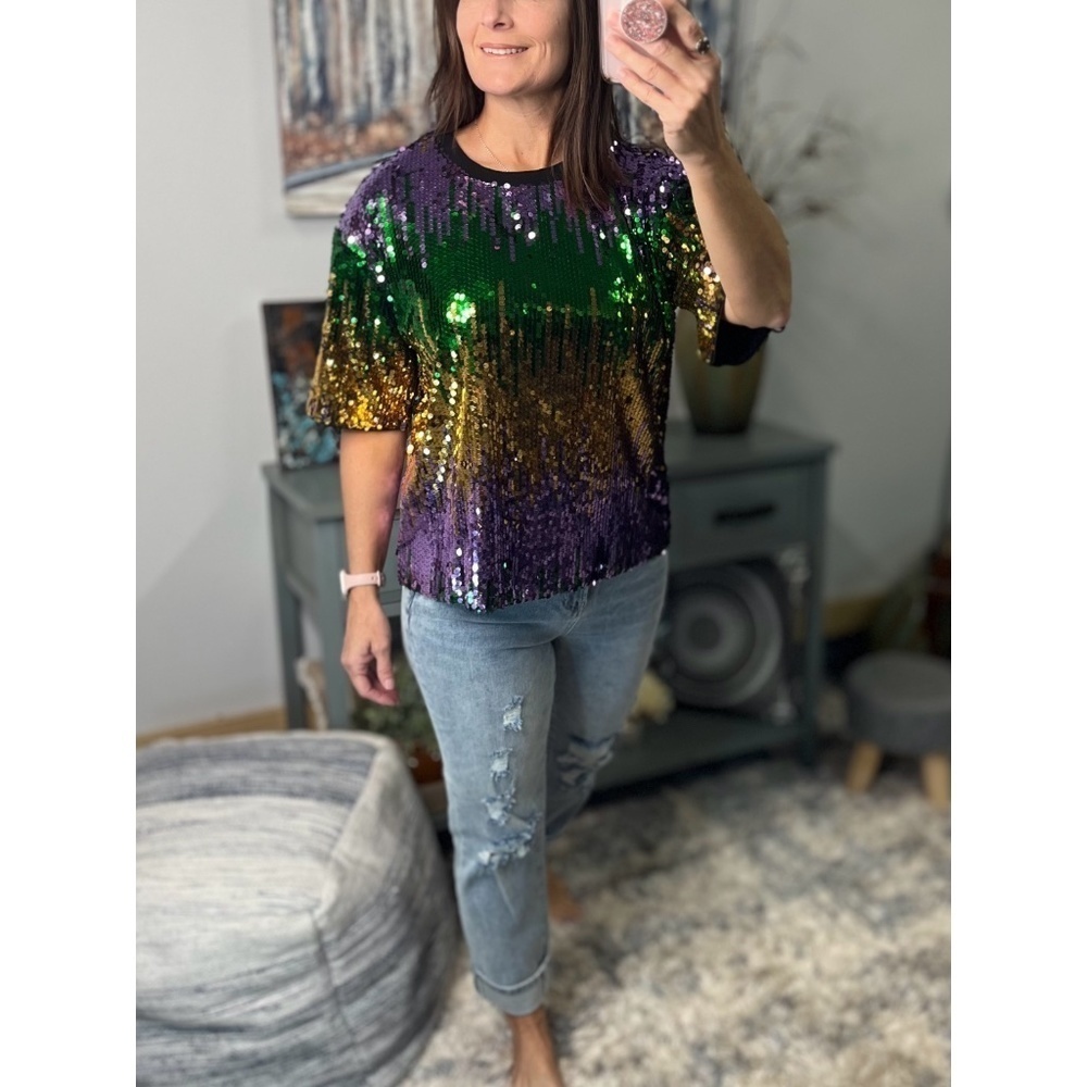 Mardi Gras Sequined Ombre Short Sleeves Cropped Parade Purple Green Gold 0923 - Picture 8 of 9